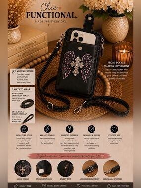 Black Vegan Leather Crossbody Phone Pouch Winged Crystal Cross Accent Wristband